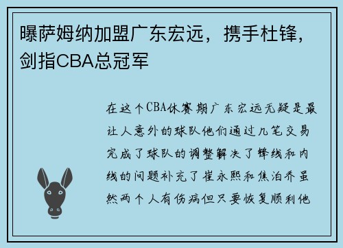 曝萨姆纳加盟广东宏远，携手杜锋，剑指CBA总冠军