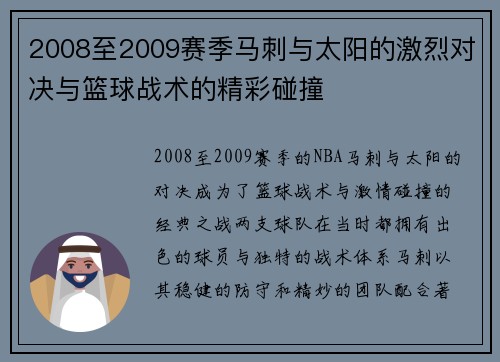 2008至2009赛季马刺与太阳的激烈对决与篮球战术的精彩碰撞